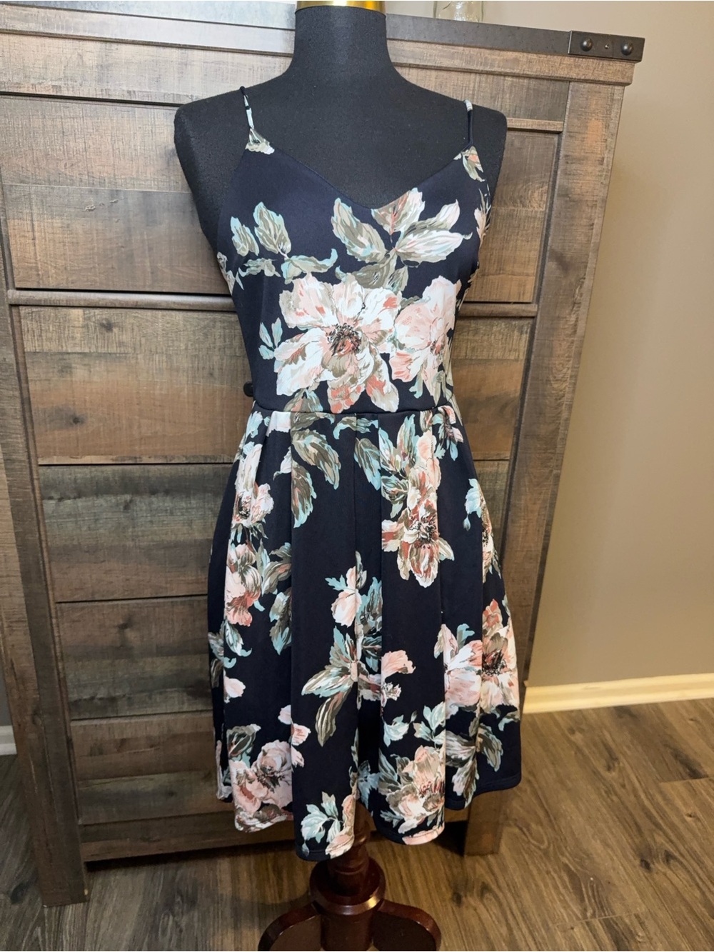 Soprano Women’s Floral Fit & Flare Dress Navy Pink Sleeveless Spaghetti Strap M